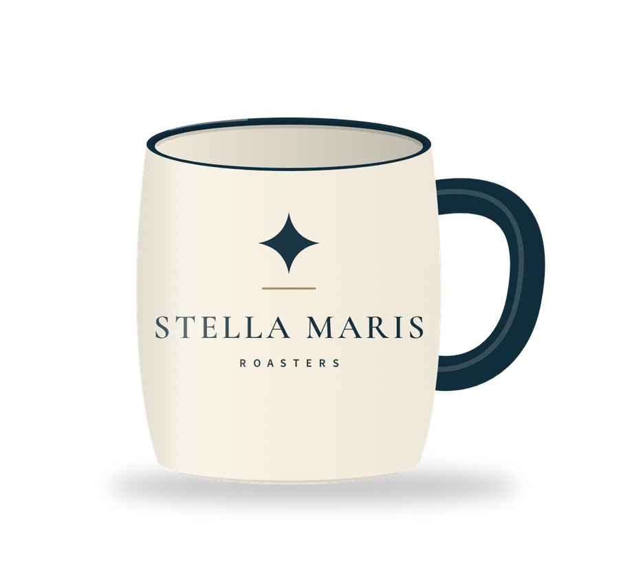 11 oz cream ceramic diner mug with a navy rim and handle, showing the navy four-point star and the Stella Maris Roasters wordmark.